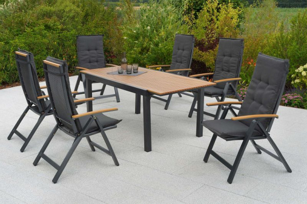 Merxx Itanos Set 13-teilig, 6 Klappsessel, 6 Auflagen uni grau, 1 Ausziehtisch 150 (200) x 90 cm, 50477-800