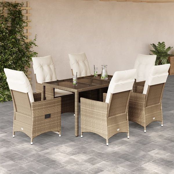 vidaXL 7-teilig Garten-Essgruppe mit Kissen Beige Poly Rattan, 3276804