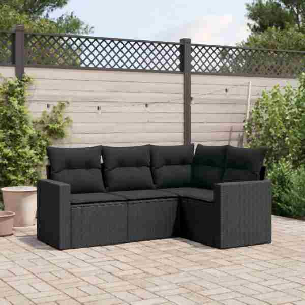 vidaXL 4-tlg. Garten-Sofagarnitur mit Kissen Schwarz Poly Rattan, UV-beständig, 3251242
