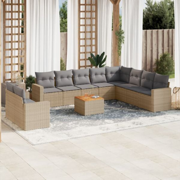 vidaXL 11-tlg. Garten-Sofagarnitur mit Kissen Beige Poly Rattan, 3256528