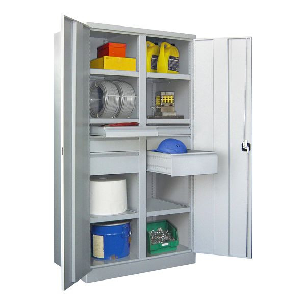 Pavoy Schwerlastschrank 1950/1040/630, Trennwand, 6 gepulverte Fachböden, 6 Schubladen, Flügeltüren, Drehgriff mit Zylinderschloss, 36366-104-005-905204