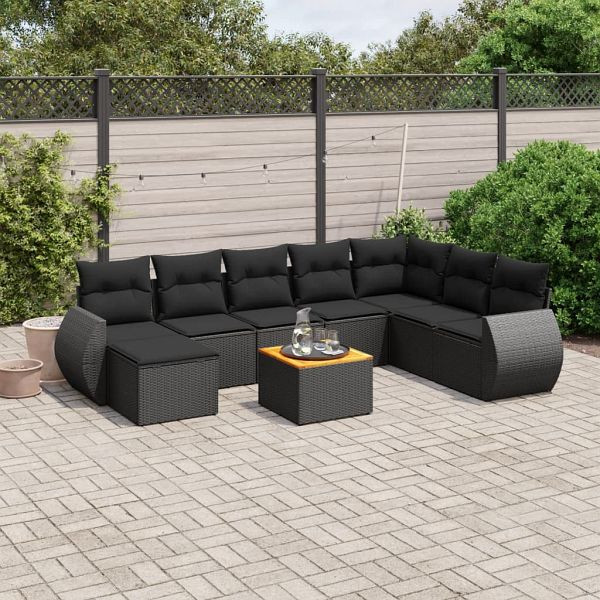 vidaXL 9-teilig Garten-Sofagarnitur mit Kissen Schwarz Poly Rattan, 3225138