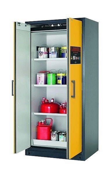 asecos Sicherheitsschrank Q-CLASSIC-90, Q90.195.090.FU.WDC in sicherheitsgelb RAL 1004 mit 3x Fachboden (Stahlblech), 34623-040-34761