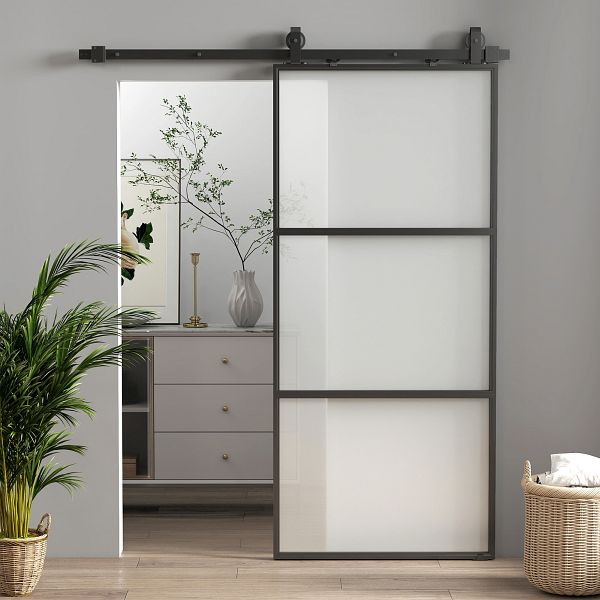 HOMCOM Schiebetür mit Milchglas, Schienensystem, Montagesatz, Soft-Close-Mechanismus, leichter Zusammenbau, Stahl, Schwarz, B70-074V00BK