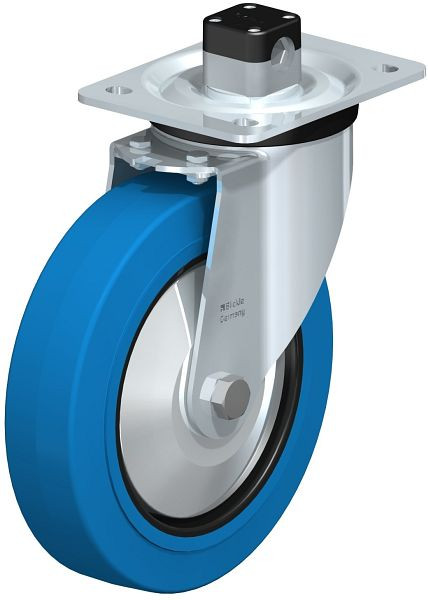 Blickle L-POEV 200K-CS11-SB-FA Stahlblech-Lenkrolle, mittelschwere Ausführung, mit Anschraubplatte & Zentralfeststeller, Elastik-Vollgummi, Blau, 850799