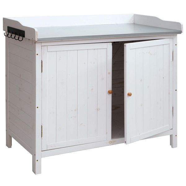 Mendler Gartenschrank mit Arbeitsplatte HWC-L69, Pflanztisch, Outdoor Tanne Holz FSC®-zertifiziert 86x104x52cm, weiß, 117488
