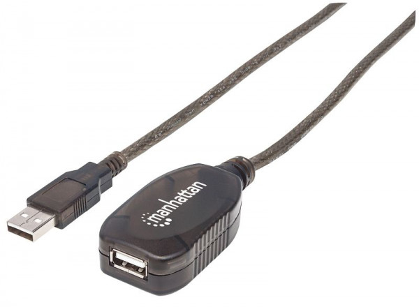 MANHATTAN Hi-Speed USB 2.0 Repeater Kabel, USB A-Stecker auf A-Buchse, in Reihe schaltbar, 15 m, schwarz, 152365