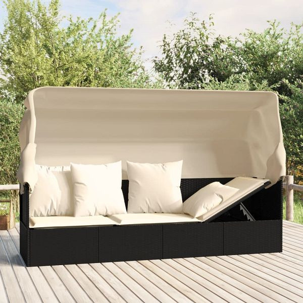 vidaXL Outdoor-Loungebett mit Dach und Kissen Schwarz Poly Rattan, 319566