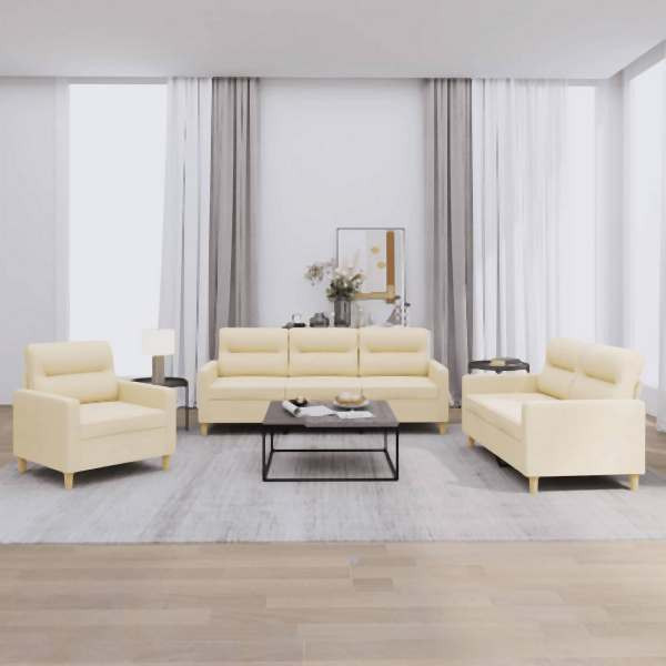 vidaXL 3-tlg. Sofagarnitur mit Kissen Creme Stoff, 3201538