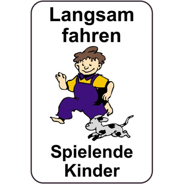 Stein HGS Kinderhinweisschild/Verkehrszeichen Langsam fahren Spielende Kinder, 650x1000mm, Grund: weiß lackiert, 14764