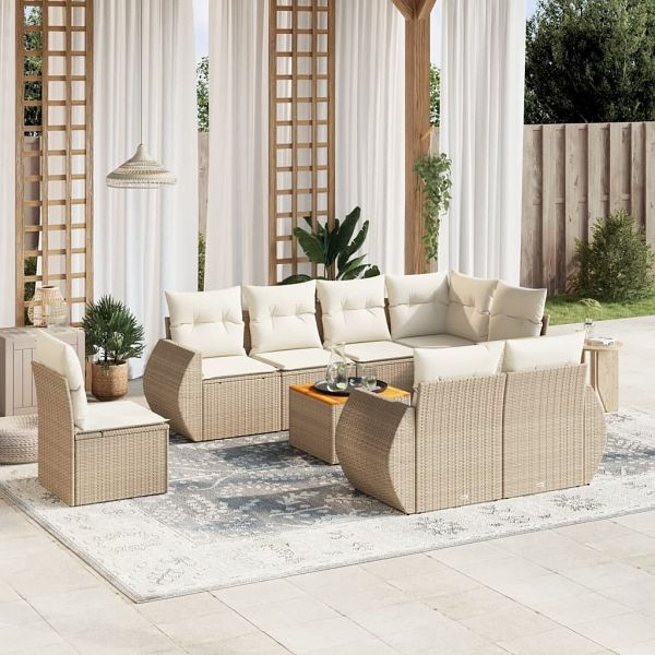 vidaXL 9-tlg. Garten-Sofagarnitur mit Kissen Beige Poly Rattan, 3257430