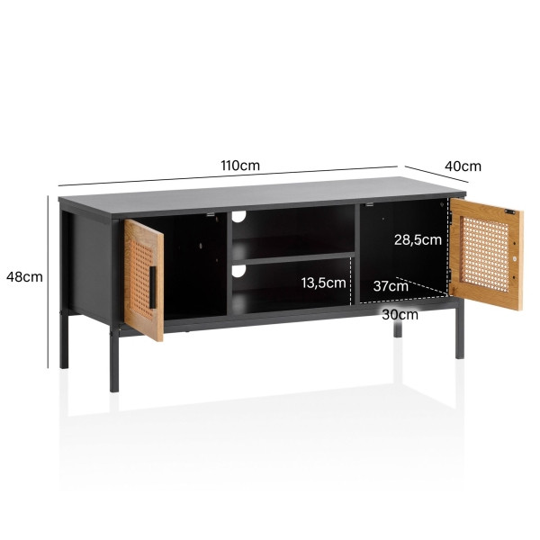 Wohnling Lowboard Schwarz/Eiche mit Wiener Geflecht 110x48x40 cm, Fernsehtisch mit Türen, Fernsehkommode Wohnzimmer Rattan, WL6.831