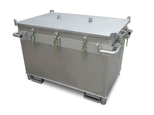 DENIOS Batteriebox aus Edelstahl, 466 Liter, M-Box X1, Füllung PyroBubbles, 261761