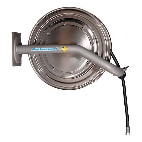 DENIOS Schlauchaufroller EX-H07-S, inklusive 15m Schlauch, Ø 3/4", Edelstahl e-poliert, Atex, 209994