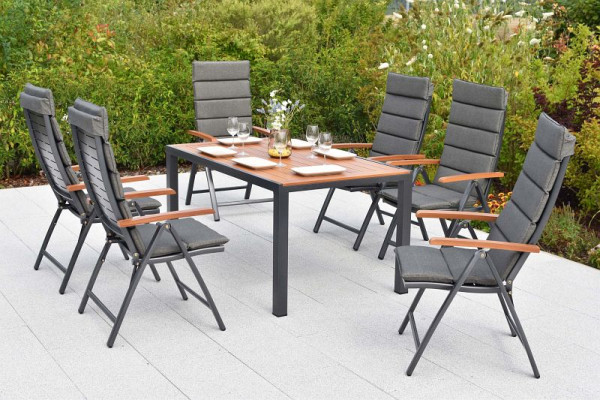 Merxx Tinos Set 13-teilig, 6 Tinos Klappsessel, Holzoptik, 6 Auflagekissen grau, 1 Tisch 150 x 90 cm, folierte Tischplatte, Holzoptik, Aluminium, 50345-800