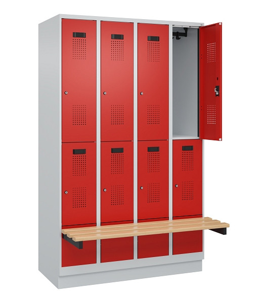 C+P Doppelstock-Spind Evolo PLUS, Bank, 8 Fächer, 1950x1200x815mm, 7035/3020, Zylinderschloss, Sitzfläche Buche-Hartholz, mit Sockel, 049340-40 S10032