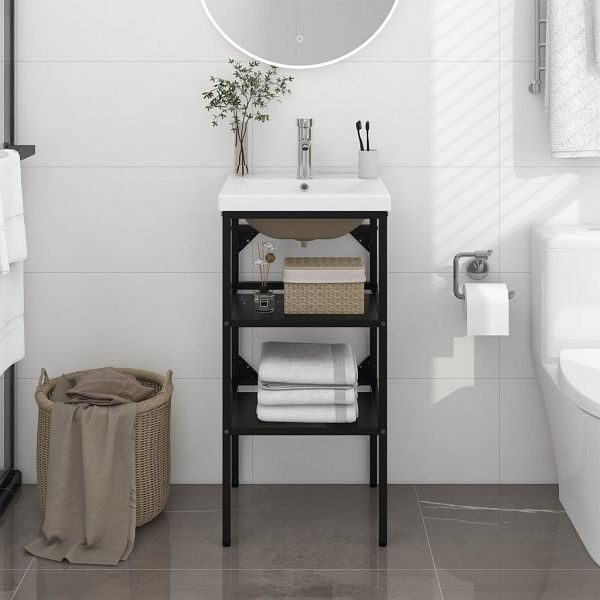 vidaXL Badezimmer-Waschtischgestell mit Waschbecken Schwarz Eisen, 3101376