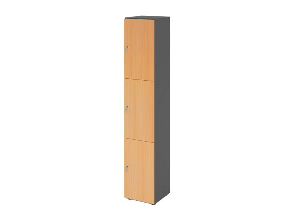 Hammerbacher Schließfachschrank schmal 6OH, 3 Türen mit Schloss, Korpus: Graphit, Türen: Buche, 40 x 40 x 215,6 cm (BxTxH), V264L3/G/6/DS