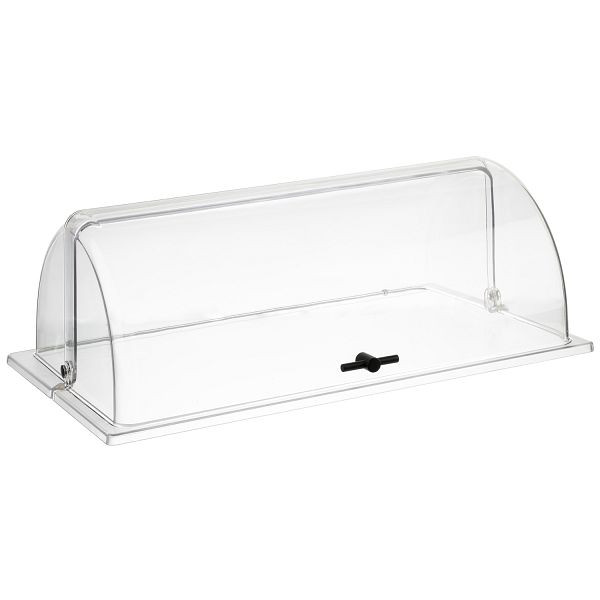 APS GN 1/1 Rolltophaube, 53 x 32,5 x 19 cm, Polycarbonat, schwarzer Kreuzgriff, passend für alle GN 1/1, leichtgängig auf- und, zuklappbar 90°, 11075