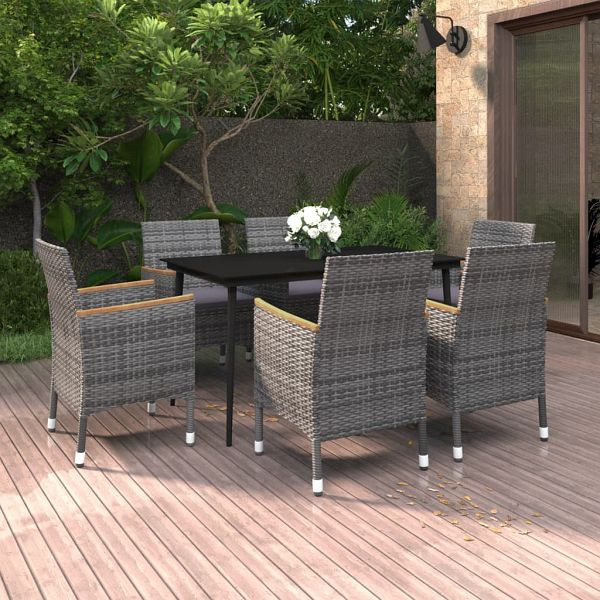 vidaXL 7-teilig Garten-Essgruppe mit Auflagen Poly Rattan und Glas, 3099790