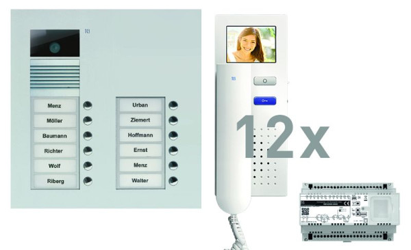 TCS Türkontrollsystem video:pack UP für 12 Wohneinheiten, mit Außenstation AVU 12 Klingeltasten, 12x Video Türtelefon IVH3222, Steuerung, PVU16120-0010