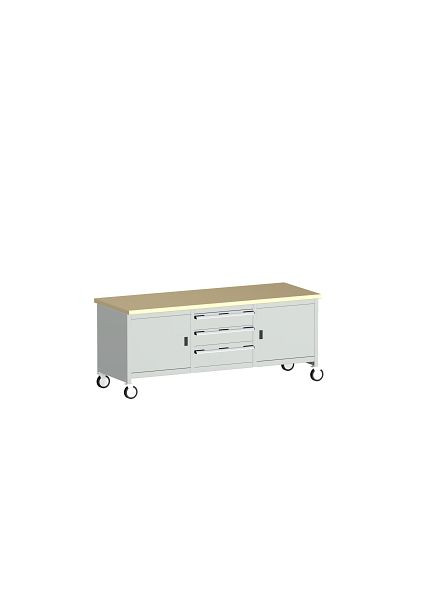 bott cubio Kastenwerkbank mobil 3 Schubladen 2 Türen, 2 Ablagen, Rotbuche-Arbeitsplatte BxTxH: 2000 x 750 x 840 mm, RAL 7035, 41002125.16V