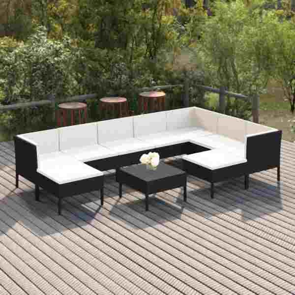 vidaXL 10-tlg. Garten-Lounge-Set mit Auflagen Poly Rattan Schwarz, 3094436