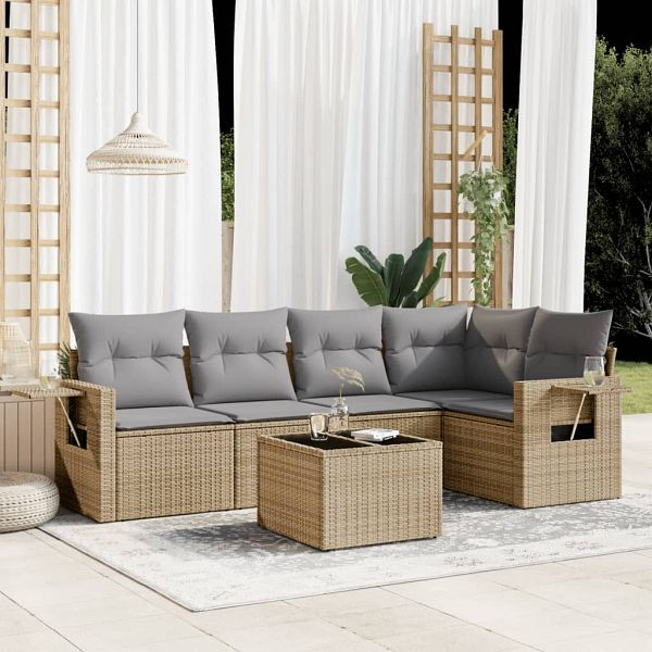 vidaXL 6-teilig Garten-Sofagarnitur mit Kissen Beige Poly Rattan, 3252476