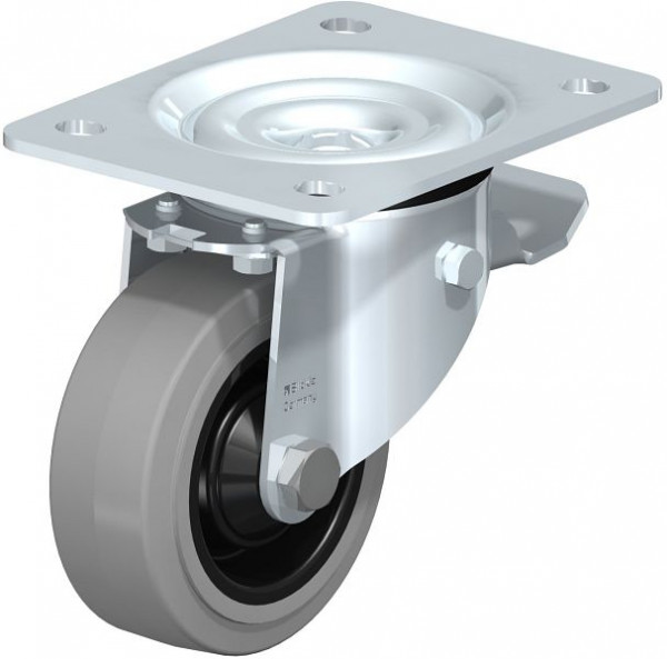 Blickle LK-POEV 100K-3-ST-SG Stahlblech-Lenkrolle, schwere Ausführung, mit Anschraubplatte & Feststeller, Elastik-Vollgummi, Grau, 330217