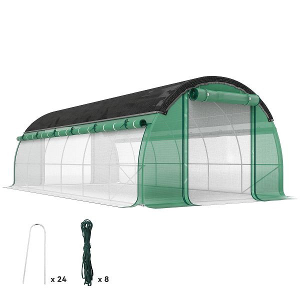Outsunny 6 x 3 x 2 m Polytunnel-Gewächshaus mit Sonnenschutznetz, rollbaren Seitenwänden, Kunststoff-Abdeckung, Stahlrahmen, Grün, 84H-198V03GN