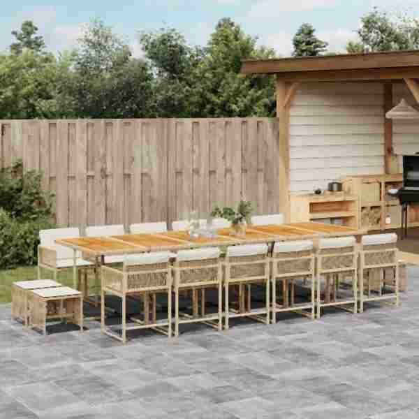 vidaXL 17-tlg. Garten-Essgruppe mit Kissen Beige Poly Rattan, UV-beständig, 3211552