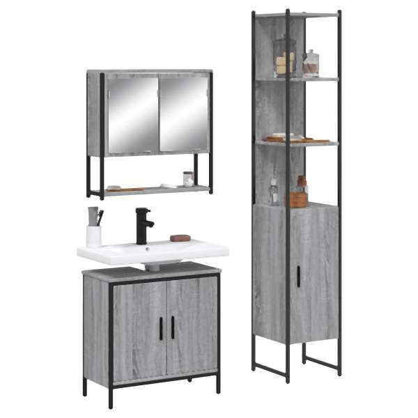 vidaXL 3-tlg. Badmöbel-Set Grau Sonoma Holzwerkstoff, 3214683