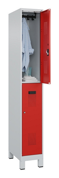 C+P Doppelstöckiger Spind Evolo PLUS, mit Füßen, 2 Fächer, 1950x300x500mm, 7035, Frontfarbe RAL 3020 Verkehrsrot, Zylinderschloss, 049310-10 S10032