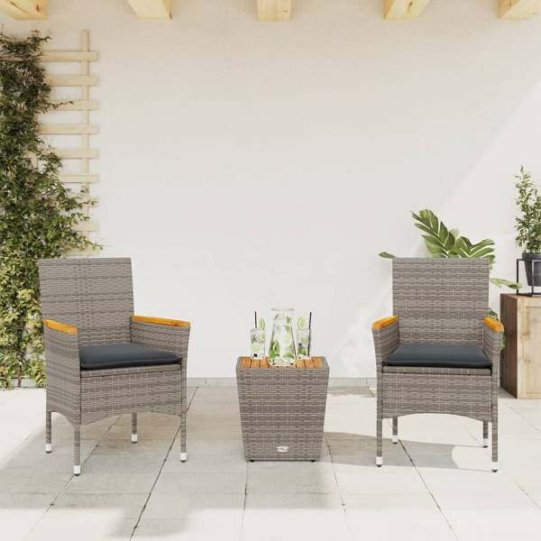 vidaXL 3-tlg. Bistro-Set mit Kissen Grau Poly Rattan und Glas, UV-beständig, 3278746
