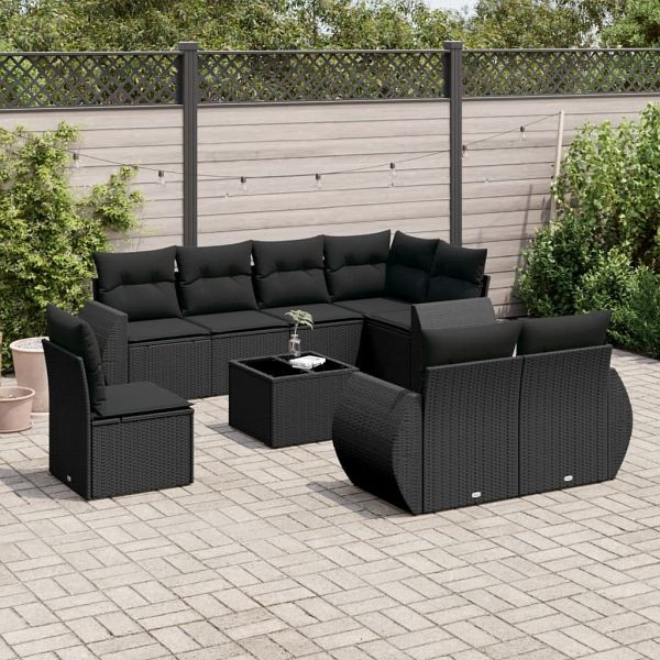 vidaXL 9-tlg. Garten-Sofagarnitur mit Kissen Schwarz Poly Rattan, 3221644