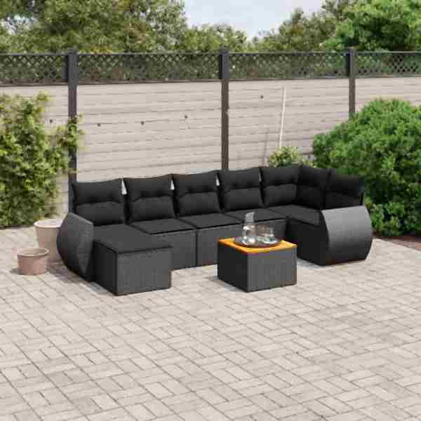 vidaXL 8-tlg. Garten-Sofagarnitur mit Kissen Schwarz Poly Rattan, UV-beständig, 3257441