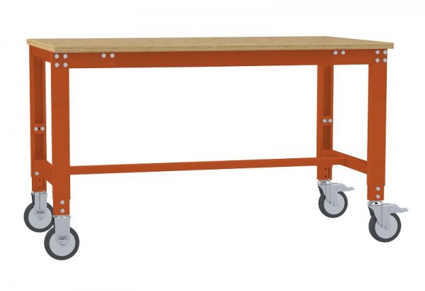 Manuflex Arbeitstisch UNIVERSAL Spezial mobil mit Multiplexplatte, BxTxH = 1250 x 600 x 752-972 mm, Rotorange, AU7325.2001