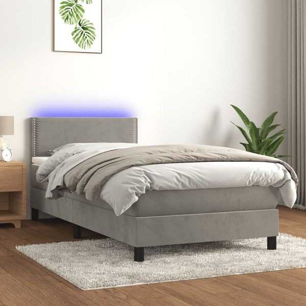 vidaXL Boxspringbett mit Matratze & LED Hellgrau 90x200 cm Samt, 3134321
