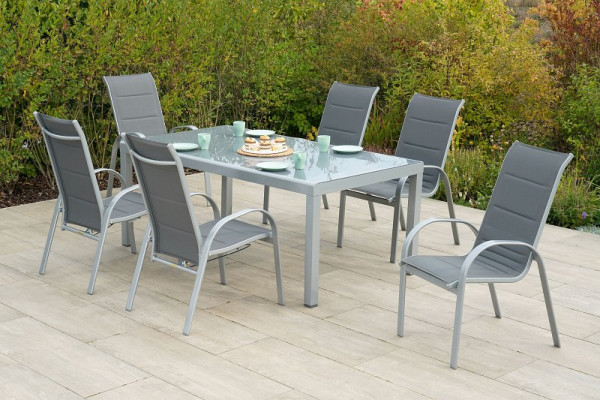 Merxx Amalfi Set 7-teilig, 6 Amalfi Stapelsessel mit hoher Rückenlehne, 1 Tisch, Halbrundprofil, 190 x100 cm, Silber/grau, 50715-309