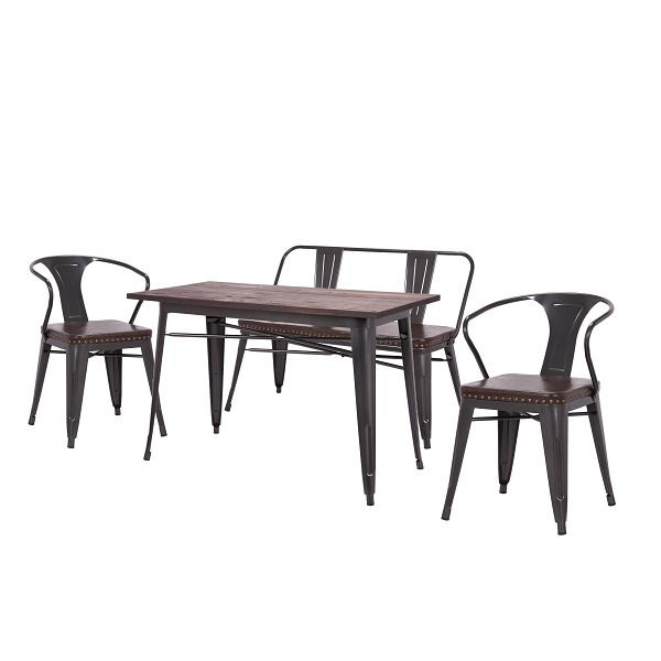 Mendler Esszimmer-Set HWC-H10, 2xEsszimmerstuhl Sitzbank Esszimmertisch Kunstleder Ulme Holz MVG Industrial Gastronomie, braun, 72438+72469+72484