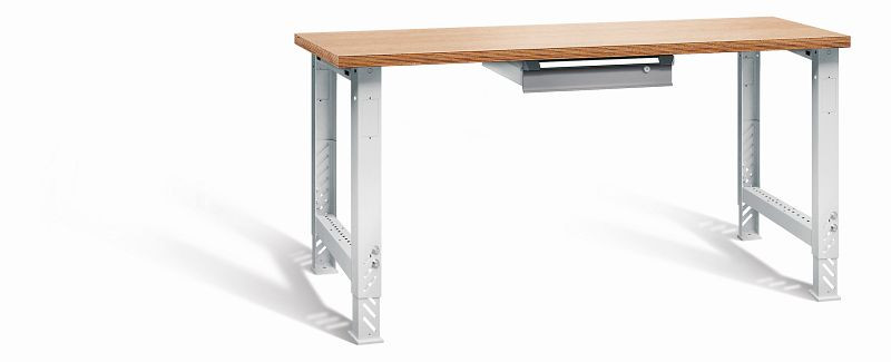 Otto Kind Werkbank function Typ 1697S, überstehende Multiplex-Arbeitsplatte, 2 höhenverstellbare Fußgestelle, Gehäuse RAL 7035, Front RAL 7037, 072180067