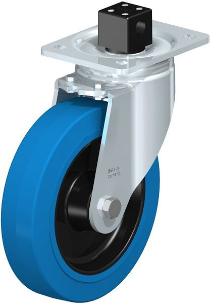 Blickle LH-POEV 200R-CS13-SB Stahlblech-Lenkrolle, Schwerlast-Ausführung, mit Anschraubplatte & Zentralfeststeller, Elastik-Vollgummi, Blau, 851878