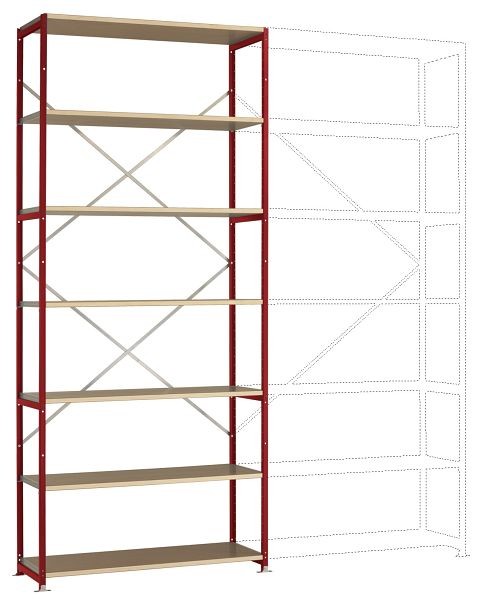 Manuflex Breitfach-Steckregal Grundregal mit 7 Holzverbundböden, HxBxT = 3000 x 1280 x 400 mm, rubinrot, RP1626.3003