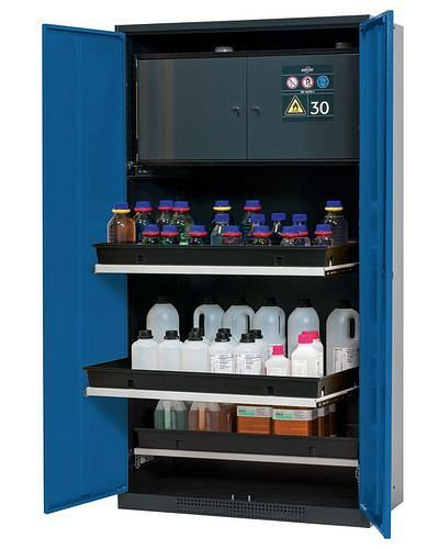 asecos Chemikalienschrank Systema-Plus-T, anthrazit, blau, Sicherheitsbox, Tablarauszüge, Typ CS-30, 218474