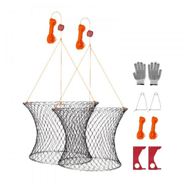 VEVOR Krabbenfallen Doppelringe 60/50 cm, 2 Stk. faltbar mit Skala, 18,28 m Seil, Drahtgitterboden, für Blau-/Wollhandkrabben, YBXJBXSH2J008WK05001V0