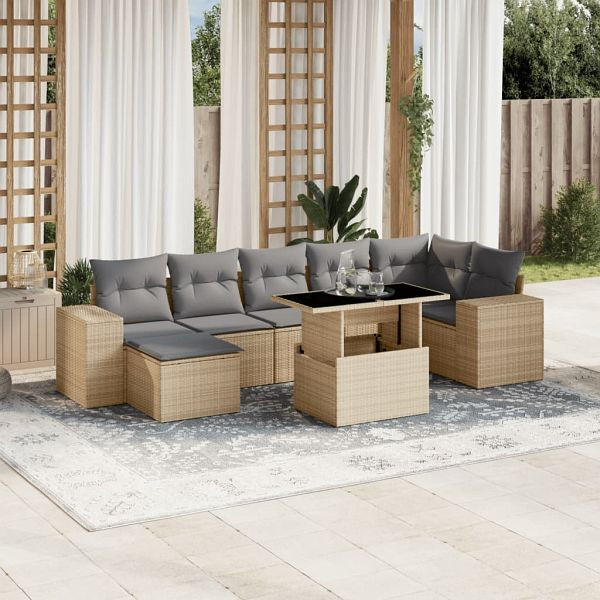 vidaXL 8-tlg. Garten-Sofagarnitur mit Kissen Beige Poly Rattan, 3269319