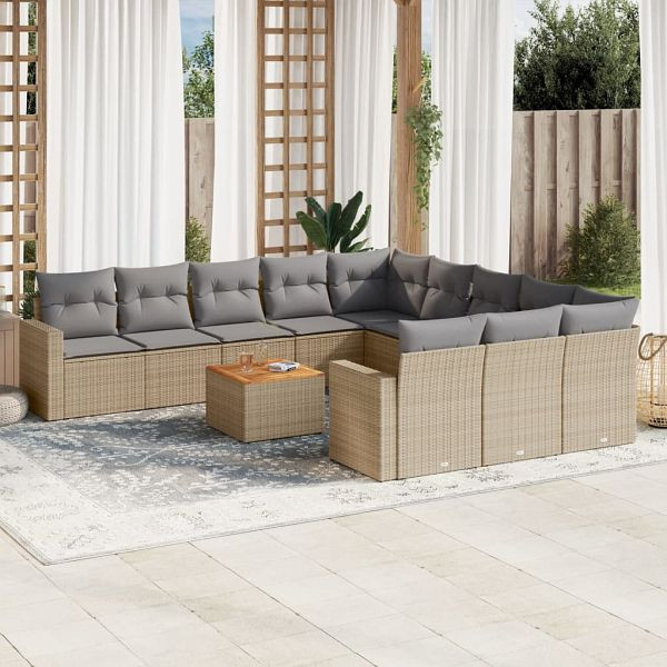 vidaXL 12-teilig Garten-Sofagarnitur mit Kissen Beige Poly Rattan, 3224351