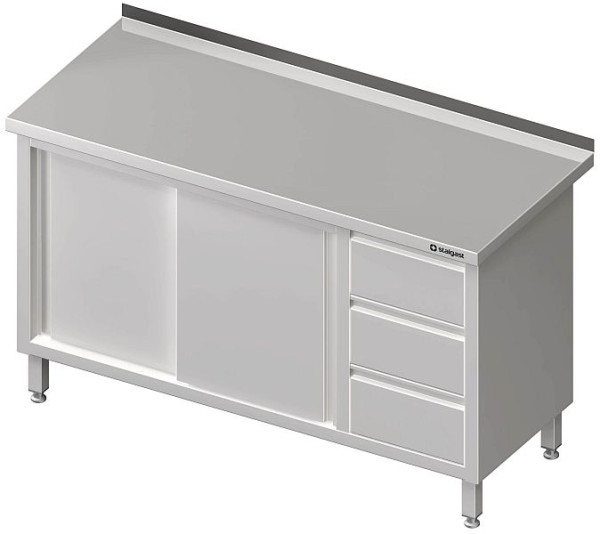 Stalgast Arbeitsschrank mit Schiebetüren, 1400x700x850 mm, mit 3er Schubladenblock rechts, ohne Aufkantung, verschweißt, VAS14706R