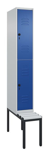 C+P Doppelstöckiger Spind Classic PLUS, Bank, 2120x300x815mm, 7035/5010, Drehriegel, mit untergebauter Sitzbank, 0803507-10 S10108