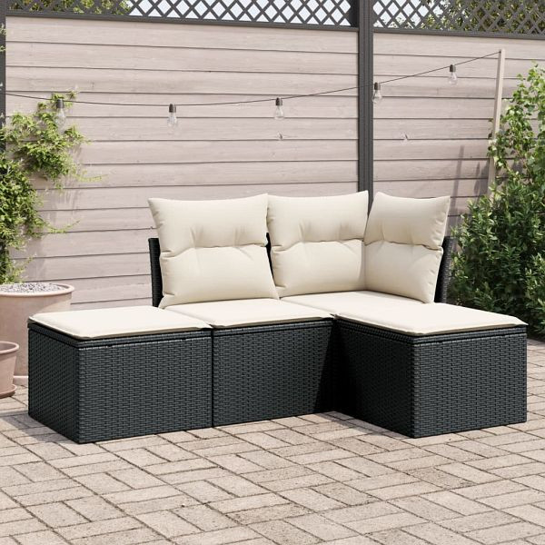 vidaXL 4-teilig Garten-Sofagarnitur mit Kissen Schwarz Poly Rattan, 3249315